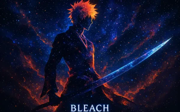 4K Ultra HD PC desktop wallpaper: Bleach's Ichigo in silhouette amid a fiery, starry nebula, holding a glowing zanpakuto; BLEACH title at the bottom.