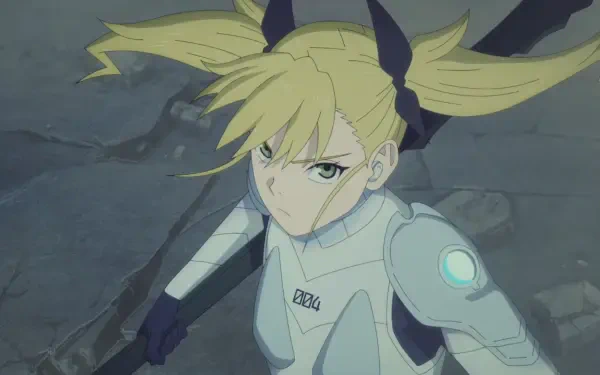 Anime HD PC desktop wallpaper of Kikoru Shinomiya from Kaiju No. 8 in a white combat suit, twin tails and stern expression, gripping her spear amid cracked concrete and rubble.