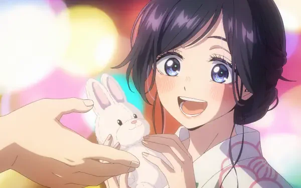 Anime HD PC desktop wallpaper: Kaoruko Waguri from The Fragrant Flower Blooms With Dignity — smiling girl gently holding a white bunny against colorful bokeh lights.