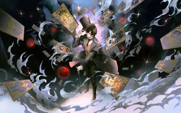 Lord of Mysteries 4K Ultra HD PC desktop wallpaper: a top-hatted figure in a dark coat amid swirling tarot cards, black mist, arcane sigils, cosmic lights and floating red orbs.