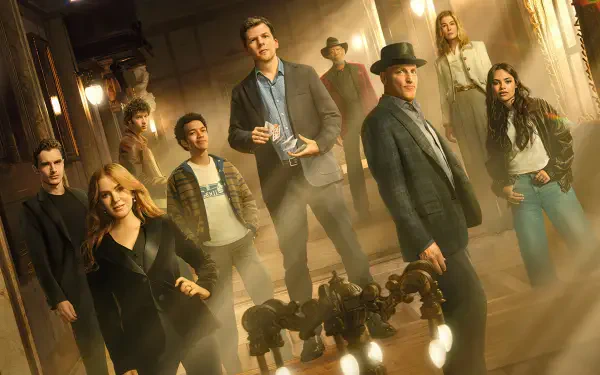 4K Ultra HD PC desktop wallpaper and background of Now You See Me 3: ensemble posed in a smoky, chandelier-lit corridor, cinematic and dramatic.