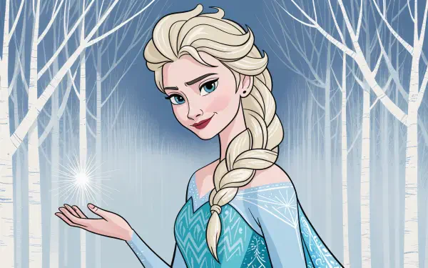 Elsa (Frozen) in a snowy birch forest, hand outstretched as icy sparkles form—vibrant illustrated 4K Ultra HD PC desktop wallpaper and background.