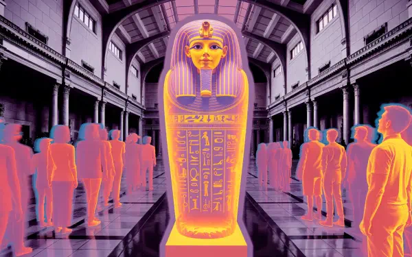 Neon thermal museum scene with a glowing Egyptian sarcophagus centered in a grand hall, silhouetted visitors around — 4K Ultra HD PC Desktop Wallpaper and Background.