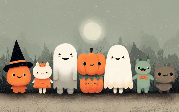 Cute Halloween 4K Ultra HD PC desktop wallpaper: smiling pumpkin stack, two ghosts, tiny witch, cat, bat and monster holding hands under a full moon.