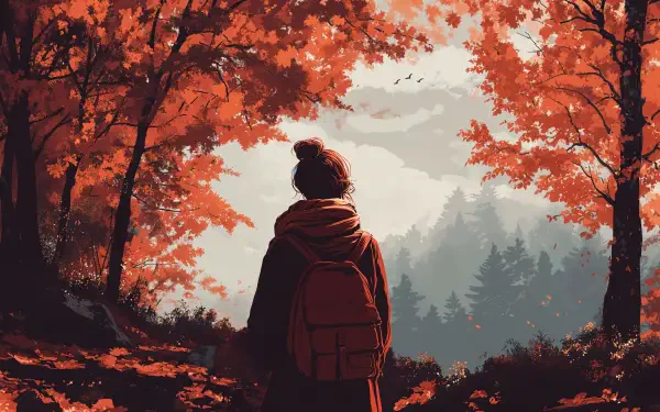 4K Ultra HD PC desktop wallpaper — autumn aesthetic: a lone backpacker stands beneath red-orange trees, overlooking a misty valley of pines and a cloudy sky.
