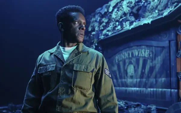 HD PC desktop wallpaper from the TV show It: Welcome to Derry — a man in a military jacket looks past a faded PENNYWISE poster under eerie moonlight.