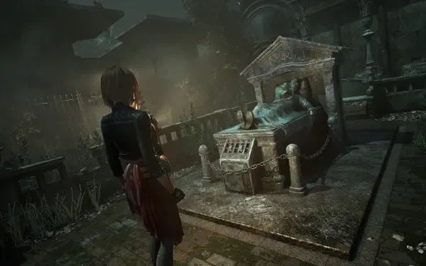 HD PC desktop wallpaper/background of the video game Tormented Souls 2, a horror game: lone character in a foggy moonlit crypt confronting a moss-covered sarcophagus and crumbling statues.