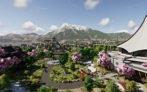 HD PC desktop wallpaper — Jurassic World Evolution 3 gaming environment: panoramic park with cherry blossoms, temple-style buildings and snow-capped mountains under a blue sky.