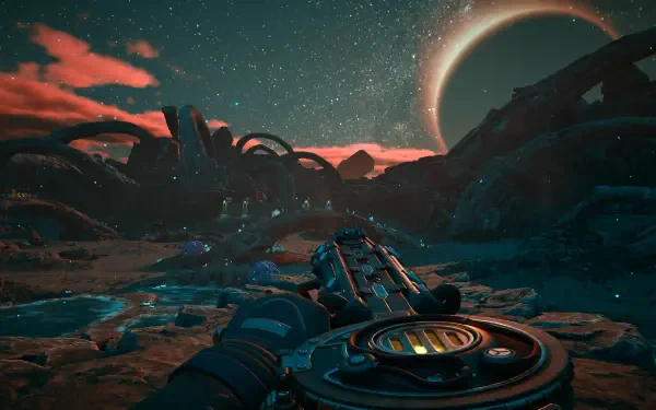 Video game POV 4K Ultra HD PC desktop wallpaper from The Outer Worlds 2: player-held weapon over an alien red-rock landscape, ringed planet and starry sky.