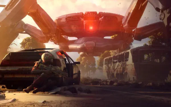 4K Ultra HD PC desktop wallpaper and background from the TV show ARC Raiders — sci‑fi battle scene: a soldier crouches by wrecked cars under a massive red‑lit hovering mech.