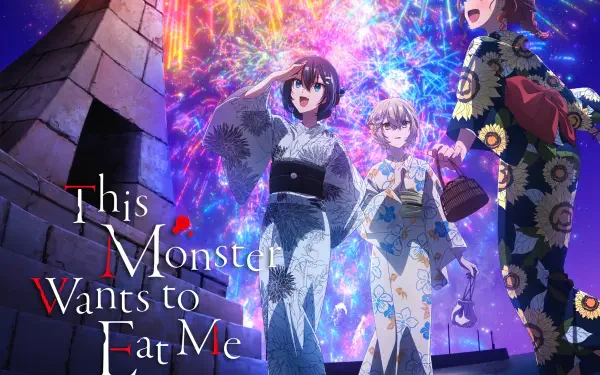 Anime PC desktop wallpaper (2K Quad HD): This Monster Wants to Eat Me — Hinako Yaotose, Shiori Oumi and Miko Yashiro in festive yukata beneath vibrant fireworks.
