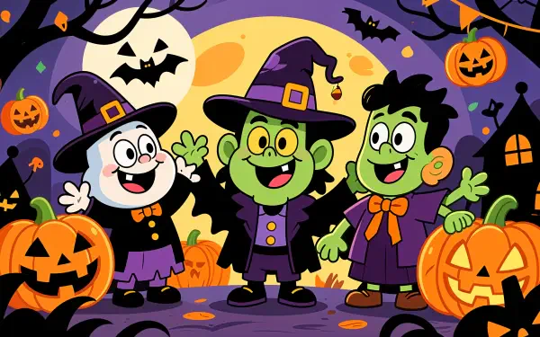 Colorful trick-or-treat cartoon: three kids in witch and monster costumes amid pumpkins, bats, and full moon — 4K Ultra HD PC desktop wallpaper/background.
