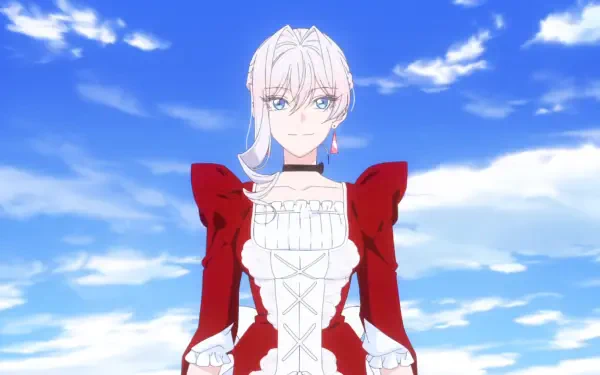 HD PC wallpaper: Anime character Scarlett El Vandimion from May I Ask for One Final Thing? stands in a red Victorian-style dress against a bright blue sky.