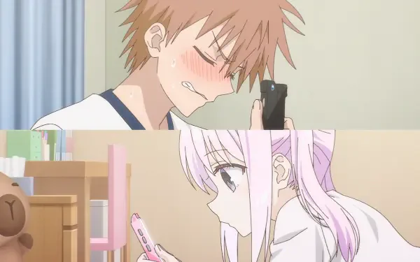 Anime HD PC desktop wallpaper of Inexpressive Kashiwada and Expressive Oota: top panel shows Kashiwada blushing into his phone, bottom panel shows Oota calmly scrolling a pink phone.