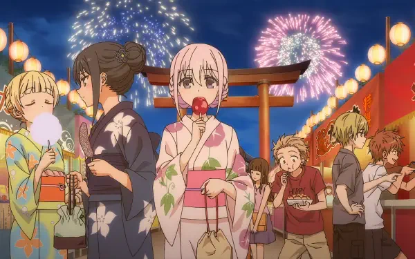 Anime HD PC desktop wallpaper and background: Inexpressive Kashiwada in a pink yukata holding a candy apple, with expressive Oota and friends amid lanterns and fireworks at a festival.