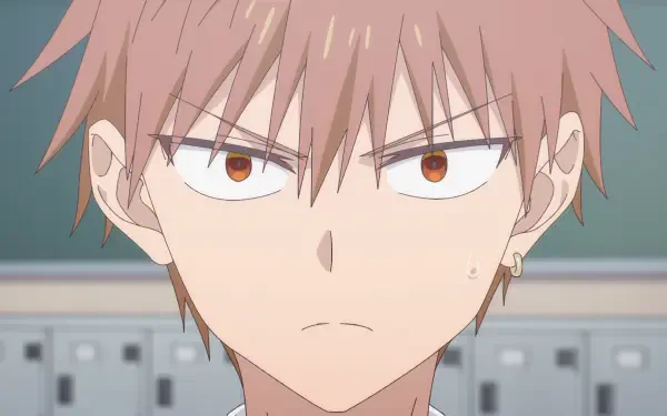 Anime HD desktop wallpaper: close-up of Oota (Inexpressive Kashiwada and Expressive Oota) — stern Kashiwada/Oota with light brown hair and a blurred classroom background.