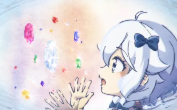 Anime HD PC desktop background: Ellen (Dad is a Hero, Mom is a Spirit, I'm a Reincarnator) — white‑haired girl with a bow reaching toward glowing colorful crystals in a pastel sky.