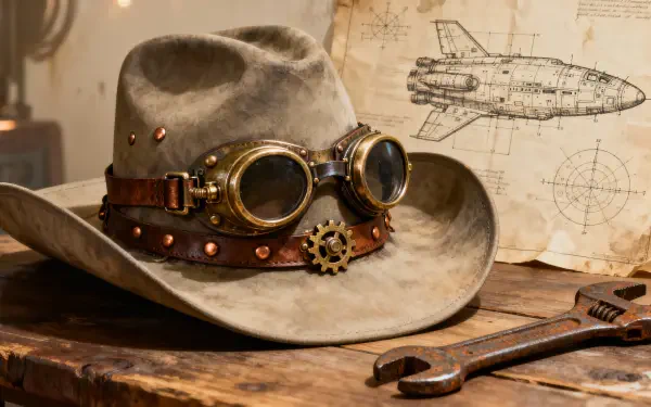 4K Ultra HD PC desktop wallpaper: weathered cowboy hat with steampunk goggles and gear on a wooden workbench beside airship blueprints and a wrench.