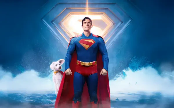 8K Ultra HD PC desktop wallpaper: Superman (2025) stands heroically before a glowing emblem, Krypto the dog at his side.