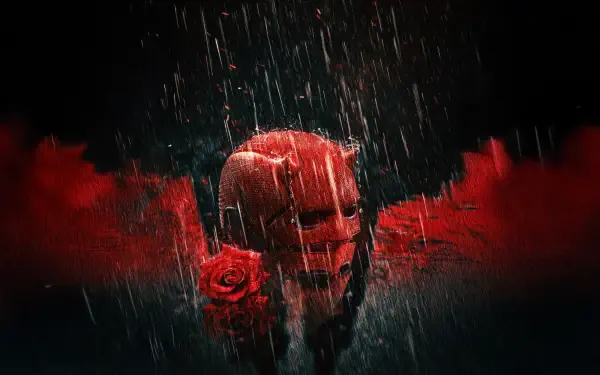 Daredevil: Born Again 5K Ultra HD PC desktop wallpaper — rain-drenched red Daredevil mask emerging from shadows with a red rose and smoky crimson accents.
