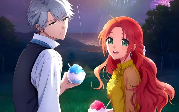 Anime 2K Quad HD PC desktop wallpaper: Melphiera Marchalrayd and Aristide Roger de Galbraith from Pass the Monster Meat Milady! share colorful shaved-ice at dusk in a moonlit meadow.