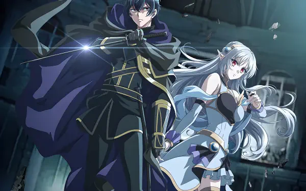 4K Ultra HD PC desktop wallpaper of anime My Status as an Assassin Obviously Exceeds the Hero’s — Akira Oda cloaked with a blade, Amelia Rozequarts with flowing silver hair.