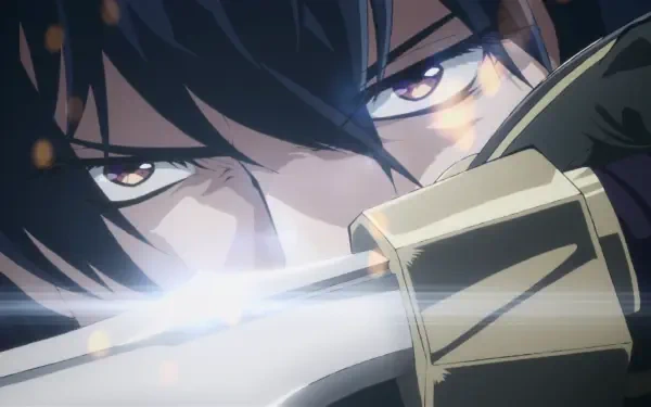 Close-up of Akira Oda from My Status as an Assassin Obviously Exceeds the Hero’s, glaring over a gleaming blade — HD PC desktop wallpaper.