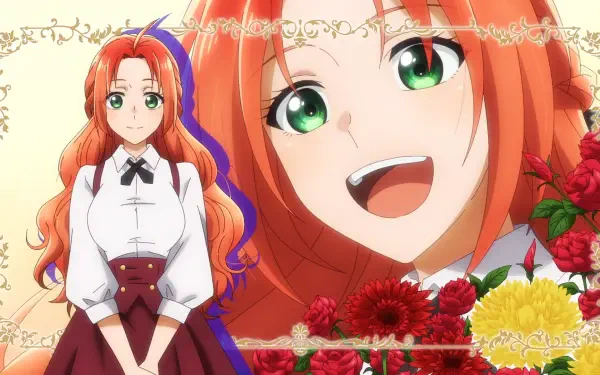 Anime HD PC wallpaper of Melphiera Marchalrayd from Pass the Monster Meat Milady! — red-haired, green-eyed woman smiling in a white blouse and burgundy skirt surrounded by red and yellow flowers