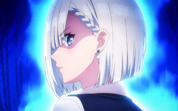 HD anime PC wallpaper of Mashiro Tsukinomori (My Friend's Little Sister Has It In for Me!) — side profile with white bob, braided accent, earring and a glowing blue aura.
