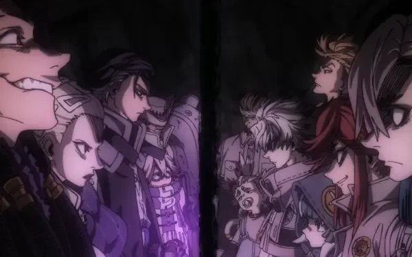 Anime HD PC desktop wallpaper (Gachiakuta): two opposing rows of stylized warriors face off across a dark divide, bathed in moody purple lighting.