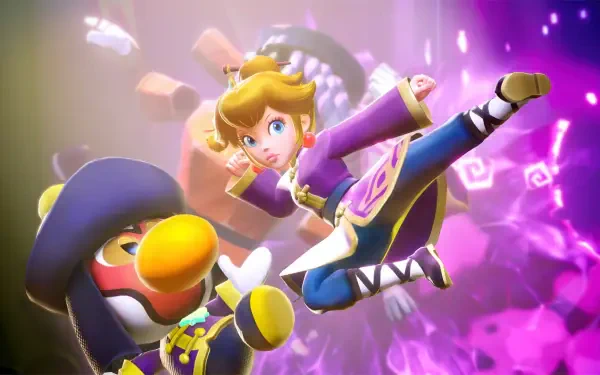 Princess Peach in a purple Showtime! outfit mid-kick beside a penguin companion, surrounded by glowing purple effects — HD PC desktop wallpaper and background