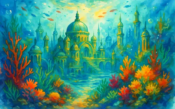 Vibrant underwater city of domed palaces and towers amid colorful coral and swimming fish — 4K Ultra HD PC desktop wallpaper and background.