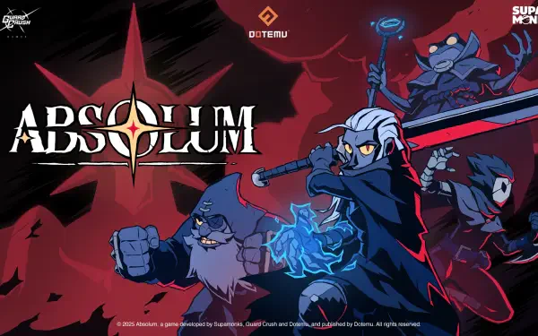 HD PC desktop wallpaper for the video game Absolum: hooded swordsman channeling blue magic, armored allies and beasts against a red smoky backdrop.