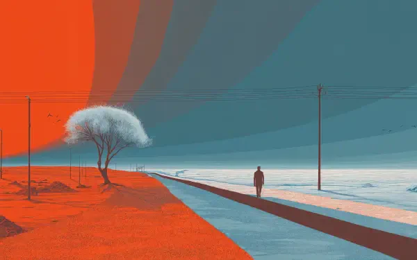 Dual-tone 4K Ultra HD PC desktop wallpaper and background: minimalist coastal scene with lone figure on a road, bleached tree and telephone poles split in orange and teal.