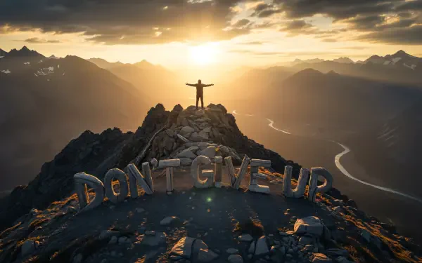 Motivational 4K Ultra HD PC desktop wallpaper: lone figure atop a rocky peak at sunrise, large DON'T GIVE UP letters on the ridge overlooking a winding valley.