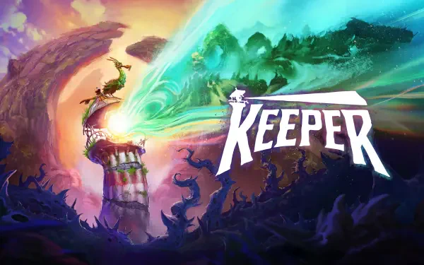 8K Ultra HD PC desktop wallpaper and background for the video game Keeper: a robed keeper atop a spiraling tower fires a turquoise energy beam into a surreal, stormy fantasy landscape.