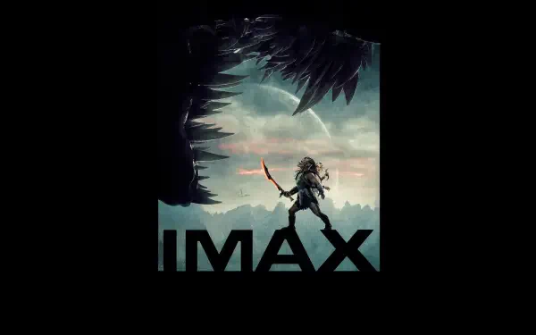 Predator: Badlands 5K Ultra HD PC desktop wallpaper — lone hunter with flaming spear stands on giant IMAX letters beneath a looming Predator silhouette over stormy badlands.