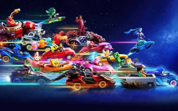 Sonic Racing: CrossWorlds 4K Ultra HD PC desktop wallpaper showing colorful crossover characters racing futuristic karts and hovercraft across a neon-lit cosmic track.