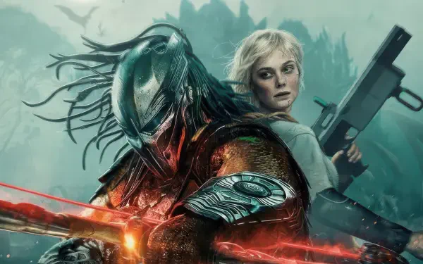 Predator: Badlands 4K Ultra HD PC desktop wallpaper — armored Predator with glowing blades beside a blonde woman holding a rifle in a misty jungle, streaks of red plasma cutting across the scene.