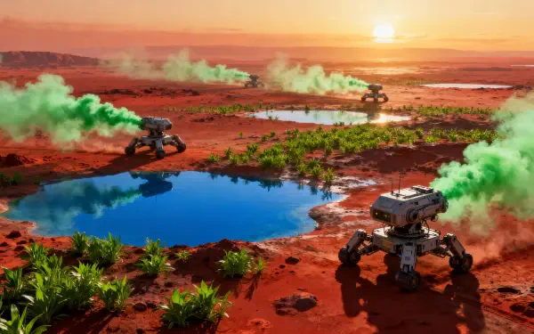 Sci-fi terraforming 4K Ultra HD PC desktop wallpaper — sunset on a red planet as rover walkers emit green vapor, creating lakes and sprouting vegetation.