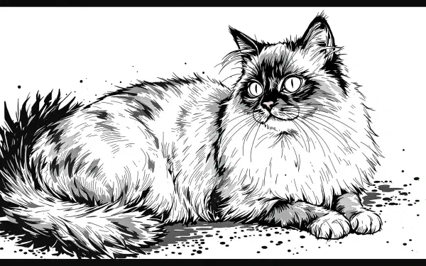 Black-and-white ink illustration of a reclining longhaired Ragdoll cat, rendered for a 2K Quad HD PC desktop wallpaper and background.