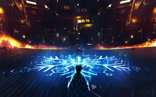 Demon Slayer: Kimetsu no Yaiba 4K Ultra HD PC desktop wallpaper and background: two silhouettes face off above a glowing blue sigil on a wooden floor, encircled by roaring flames in a dark arena.