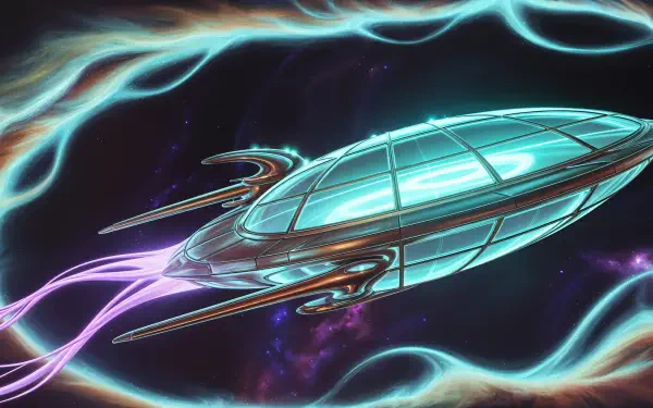 Neon phantom ship with glowing turquoise hull and purple energy trails in deep space — 4K Ultra HD PC desktop wallpaper background.