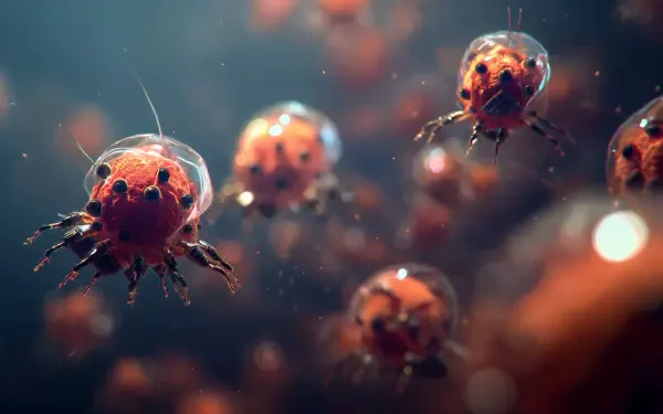 Sci-Fi nanotech swarm of glowing mechanical micro-drones, floating like metallic mites in soft bokeh — 4K Ultra HD PC desktop wallpaper and background.