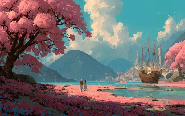 Fantasy wanderlust 4K Ultra HD PC desktop wallpaper: two travelers stand on a pink-flowered shore beneath cherry trees, facing a majestic ship and distant mountain under a turquoise sky.