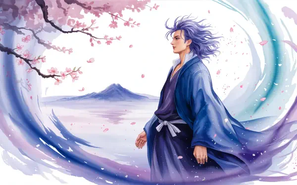 Anime swordsman in flowing blue robes stands amid swirling wind and cherry blossoms by a distant mountain — 4K Ultra HD PC desktop wallpaper and background.