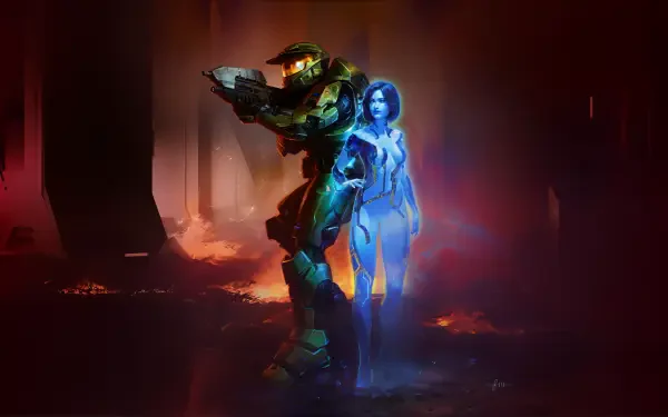 Master Chief and Cortana stand in a fiery alien ruin, Halo: Campaign Evolved 4K Ultra HD PC desktop wallpaper.