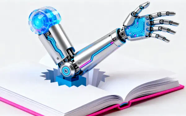 Cybernetic arm emerging from an open book, neon blue circuits and metallic joints — 4K Ultra HD PC desktop wallpaper and background.