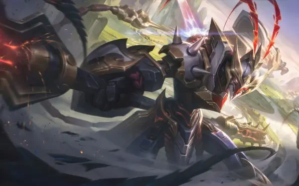 Mech Wukong from the video game League of Legends charges through a smoky battlefield in an 8K Ultra HD PC desktop wallpaper, armored robotic monkey king with glowing staff.