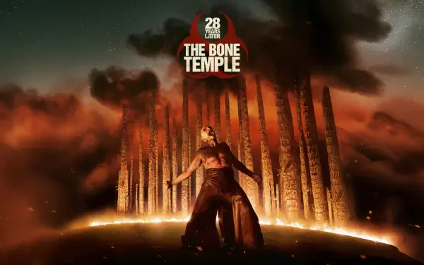 28 Years Later: The Bone Temple — 8K Ultra HD PC desktop wallpaper of a kneeling figure before towering bone pillars, a fiery glowing circle and a smoky, foreboding sky.